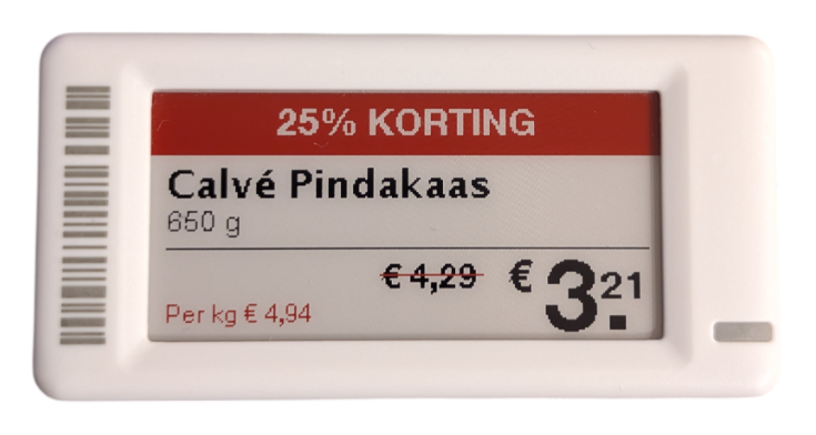Electronic shelf label showing Dutch promotional pricing