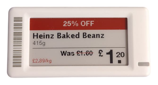 Electronic shelf label showing UK promotional pricing